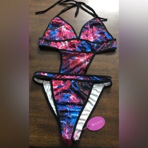 Tie-Dye Style one Piece Bikini Swimsuit - Pink & Blue. M